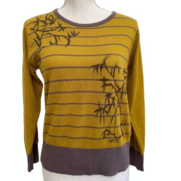 Gorgeous Citron Stripe Long Sleeve Sweater with Bamboo Print Brown - Picture 1 of 9
